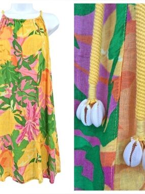 C&C California Linen Blend Fruit Print Halter Dress Size Small Shell Details